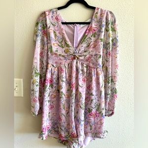 A1 #3 Wild Fern pink floral long sleeve twist tie front mini dress ruffle trim